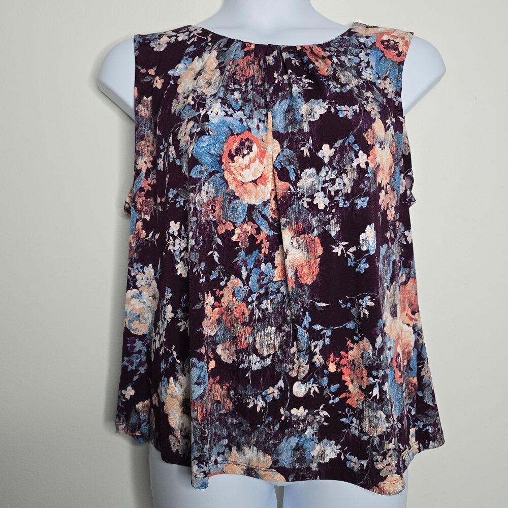 Calvin Klein Women 2X Sleeveless Top Blouse Purple Floral Pleated Liquid‎ Knit
